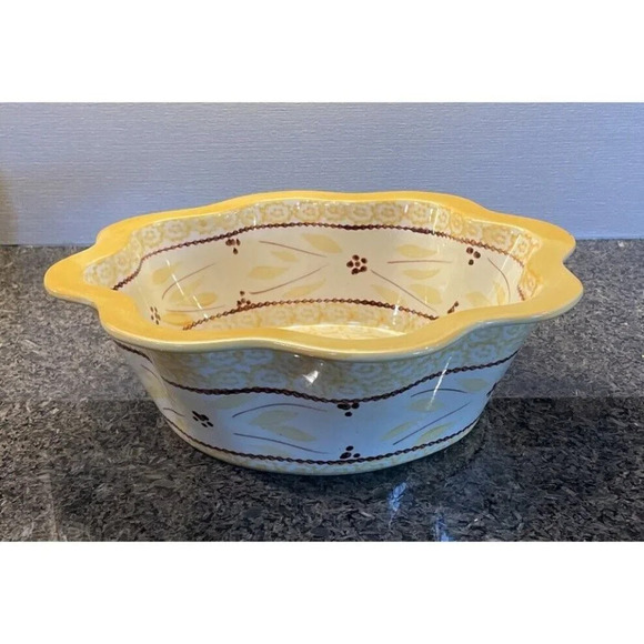Temptations Old World Yellow Brown Floral 3 Qt Scalloped Salad Serving Bowl 12”‎ - Picture 1 of 8